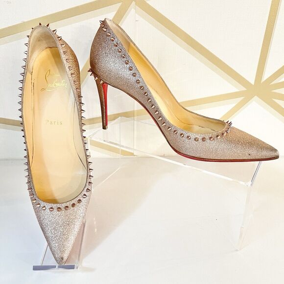 Christian Louboutin Anjalina 85 Rose Gold Glitter Spikes Stiletto Heel Pumps 37 - Picture 4 of 16